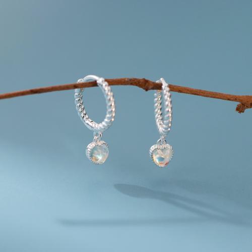 925 Sterling Silver Huggie Hoop Drop Earring, with Glass, Heart, Korean style & for woman, 17mm 