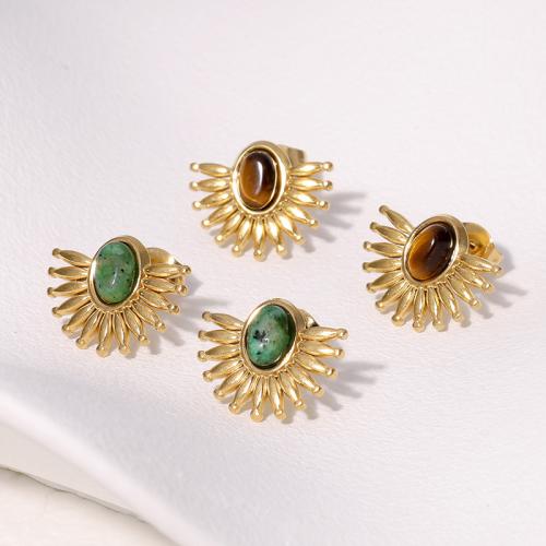 Gemstone Stud Earring, 304 Stainless Steel, with Gemstone, fashion jewelry & for woman, golden 