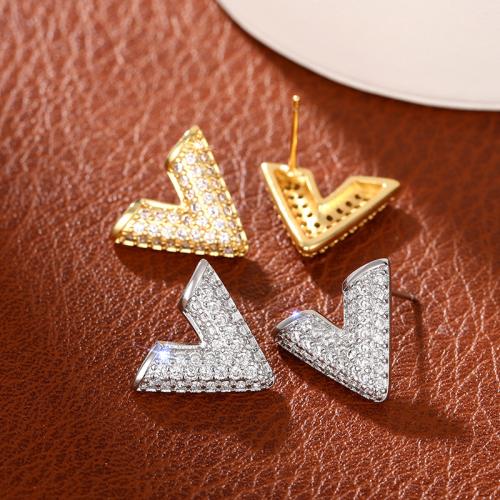 Cubic Zirconia Micro Pave Brass Earring, Letter V, fashion jewelry & micro pave cubic zirconia & for woman 