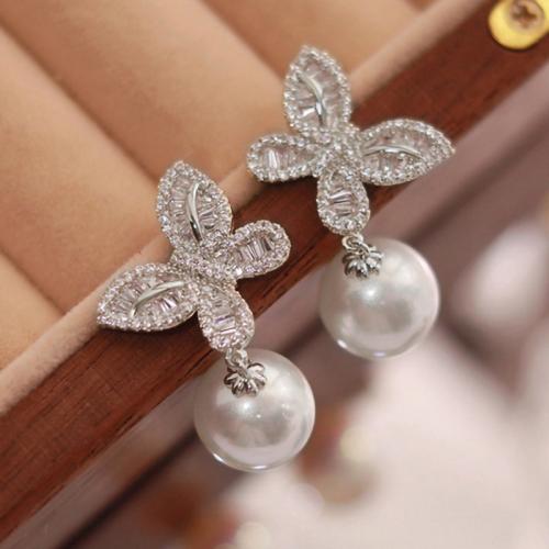 Cubic Zirconia Micro Pave Brass Earring, with Plastic Pearl, fashion jewelry & micro pave cubic zirconia & for woman 36mm 