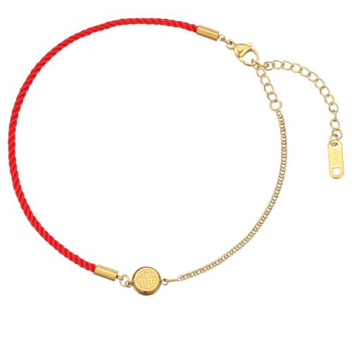 Stainless Steel Anklets Jewelry, Titanium Steel, with Nylon Cord, with 5cm extender chain, gold color plated, fashion jewelry, red cm 