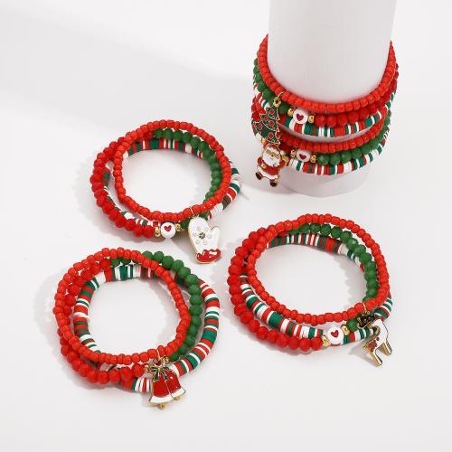 Pulsera de Navidad de la aleación de zinc, con Seedbead & Arcilla polimero & Cristal & plástico recubierto de cobre, hecho a mano, Diseño de Navidad & tres piezas & unisexo & diferentes estilos para la opción, color mixto, Vendido por Set