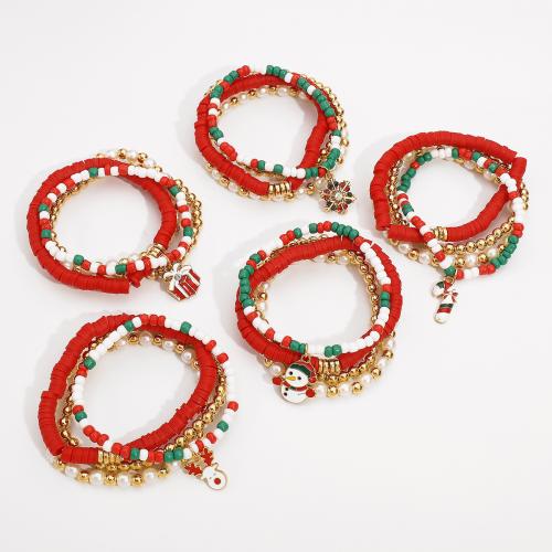 Zinc Alloy Christmas Bracelet, Polymer Clay, with Seedbead & Copper Coated Plastic & Plastic Pearl & Zinc Alloy, handmade, 4 pieces & Christmas Design & Unisex mixed colors [