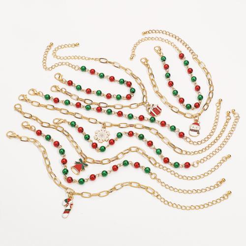 Iron Christmas Bracelet, Plastic Pearl, with iron chain & Zinc Alloy, plated, 2 pieces & Christmas Design & enamel, mixed colors [