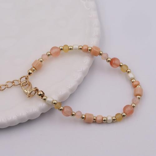 Moda pulseras de la aleación de Zinc, con Cuentas de vidrio & plástico recubierto de cobre & Acrílico, con 3CM extender cadena, hecho a mano, para mujer, Rosado, longitud:aproximado 18 cm, Vendido por UD