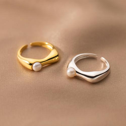 925 Sterling Silver Cuff Finger Ring, with Plastic Pearl, Korean style & for woman US Ring .5 