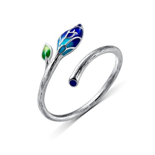 925 Sterling Silver Cuff Finger Ring, Leaf, Korean style & for woman & enamel, US Ring .5-8 