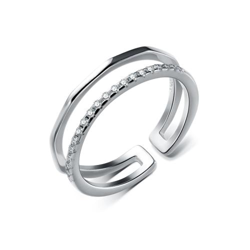 925 Sterling Silver Cuff Finger Ring, platinum plated, Korean style & for woman & with rhinestone & hollow, US Ring .5-7 