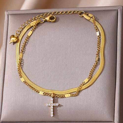 Stainless Steel Anklets Jewelry, 304 Stainless Steel, Double Layer & for woman & with rhinestone, golden Approx 17 cm 