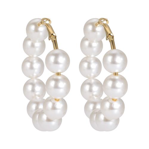 Stainless Steel Hoop Earring, Plastic Pearl, with 304 Stainless Steel, Vacuum Ion Plating, fashion jewelry & for woman 