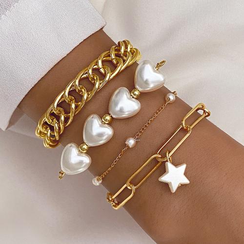 Moda pulseras de la aleación de Zinc, con Perlas plásticas, chapado en color dorado, Joyería, dorado, 4PCs/Set, Vendido por Set