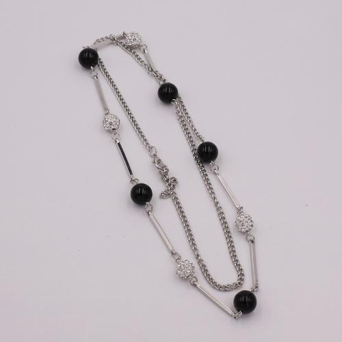 Zinc Alloy Sweater Chain Necklace, with Plastic Pearl, with 5CM extender chain, plated, for woman & with rhinestone, silver color Approx 86 cm 