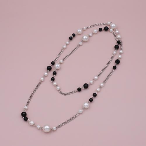 Zinc Alloy Sweater Chain Necklace, with Glass Pearl, plated, for woman, silver color Approx 95 cm 