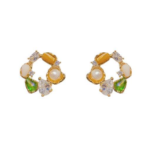 Cubic Zirconia Micro Pave Brass Earring, with Gemstone & Plastic Pearl, real gold plated, micro pave cubic zirconia & for woman, gold 