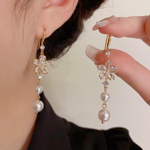 Cubic Zirconia Micro Pave Brass Earring, with Plastic Pearl, petals, real gold plated, micro pave cubic zirconia & for woman 