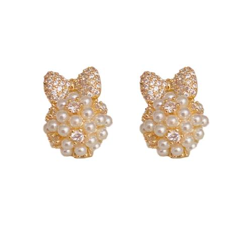 Cubic Zirconia Micro Pave Brass Earring, with Plastic Pearl, real gold plated, micro pave cubic zirconia & for woman, gold 