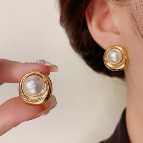 Brass Stud Earring, with Plastic Pearl, real gold plated, for woman, gold 