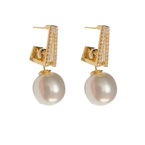 Cubic Zirconia Micro Pave Brass Earring, with Plastic Pearl, real gold plated, micro pave cubic zirconia & for woman 