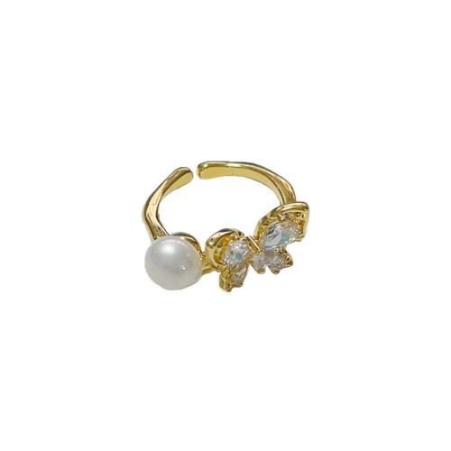 Cubic Zirconia Micro Pave Brass Finger Ring, with Plastic Pearl, Butterfly, real gold plated, micro pave cubic zirconia & for woman 