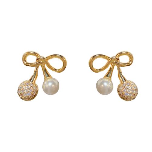 Cubic Zirconia Micro Pave Brass Earring, with Plastic Pearl, Bowknot, real gold plated, micro pave cubic zirconia & for woman, gold 