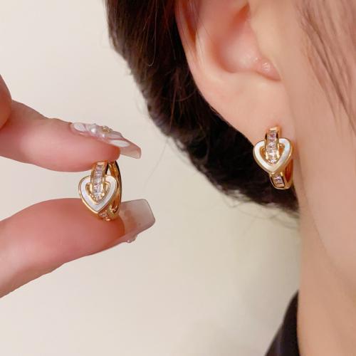 Cubic Zirconia Micro Pave Brass Earring, with Shell, Heart, real gold plated, micro pave cubic zirconia & for woman, gold 