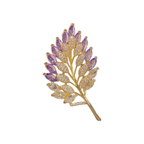 Cubic Zirconia Brooch, Brass, Leaf, real gold plated, micro pave cubic zirconia & for woman, gold 