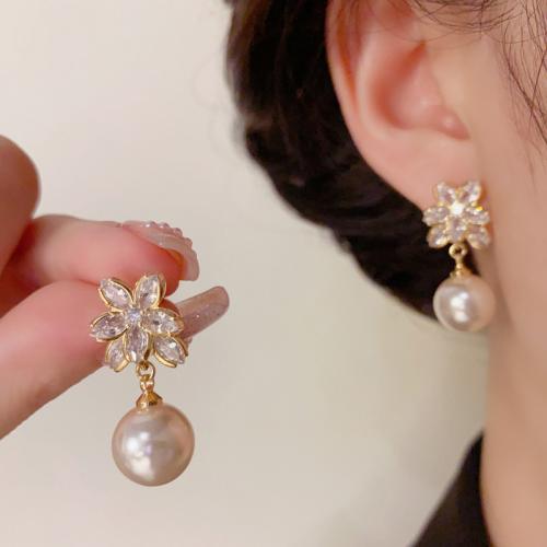 Cubic Zirconia Micro Pave Brass Earring, with Plastic Pearl, real gold plated, micro pave cubic zirconia & for woman, gold 