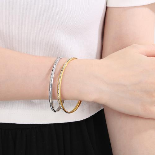 Stainless Steel Bangle, 304 Stainless Steel, Round, Vacuum Ion Plating & for woman & with rhinestone 