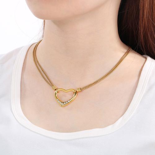 Stainless Steel Jewelry Necklace, 304 Stainless Steel, Heart, Vacuum Ion Plating, for woman & with rhinestone 