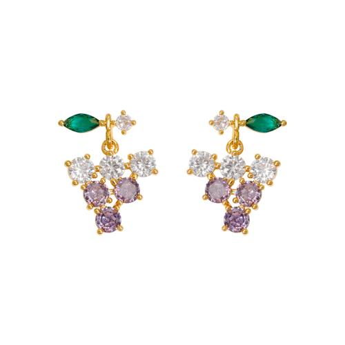 Cubic Zirconia Micro Pave Brass Earring, 18K gold plated, fashion jewelry & micro pave cubic zirconia & for woman, purple 