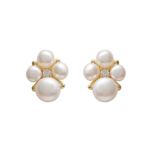 Boucles d'oreilles d'eau douce de Perle , laiton, avec perle d'eau douce cultivée, Plaqué or 18K, bijoux de mode & pavé de micro zircon & pour femme, blanc Vendu par paire[