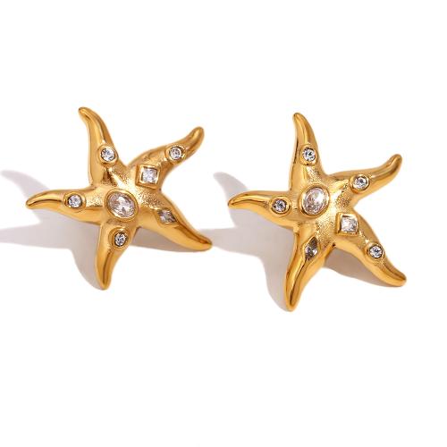 Stainless Steel Cubic Zirconia Stud Earring, 304 Stainless Steel, Starfish, fashion jewelry & for woman & with rhinestone, golden, 28.5mm 