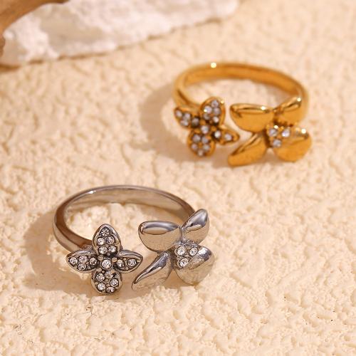 Rhinestone Stainless Steel Finger Ring, 304 Stainless Steel, Flower, fashion jewelry & for woman & with rhinestone 