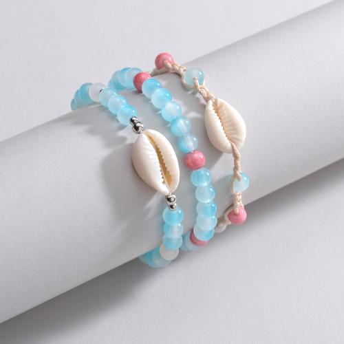 Bracelets de bijoux en perles de verre, Des billes de verre, avec corde de cire & coquille, bijoux de mode, couleurs mélangées Vendu par sac