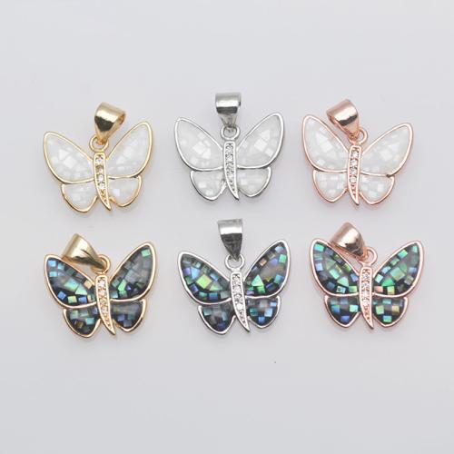 Brass Shell Pendants, with White Shell & Abalone Shell, Butterfly, plated, DIY & micro pave cubic zirconia 