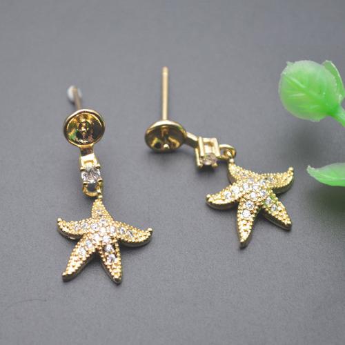 Brass Earring Stud Component, Starfish, plated, DIY & micro pave cubic zirconia, gold 