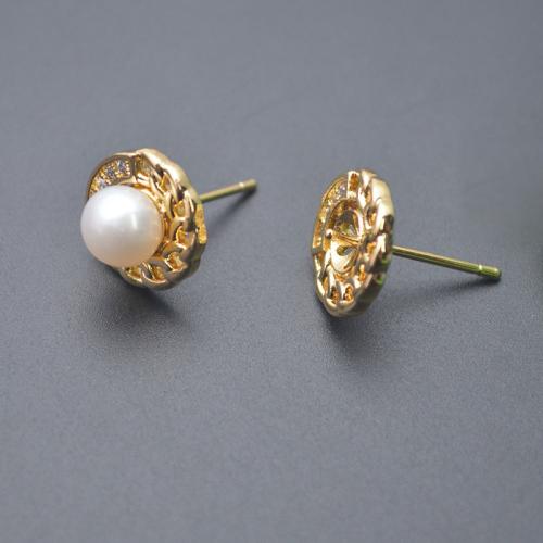 Brass Earring Stud Component, plated, DIY & micro pave cubic zirconia, gold 