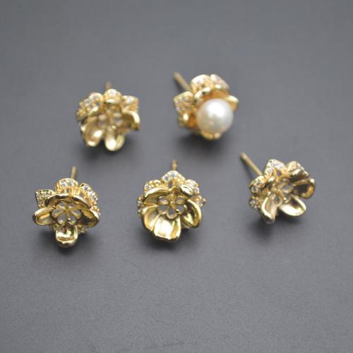 Brass Earring Stud Component, plated, DIY & micro pave cubic zirconia, gold 