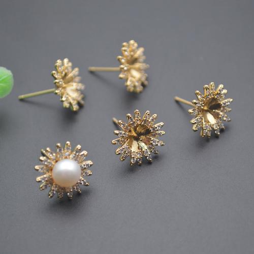 Brass Earring Stud Component, plated, DIY & micro pave cubic zirconia, gold 