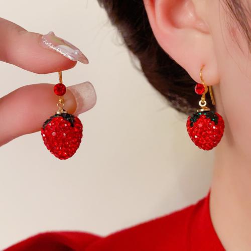 Cubic Zirconia Micro Pave Brass Earring, Strawberry, real gold plated, micro pave cubic zirconia & for woman, red 