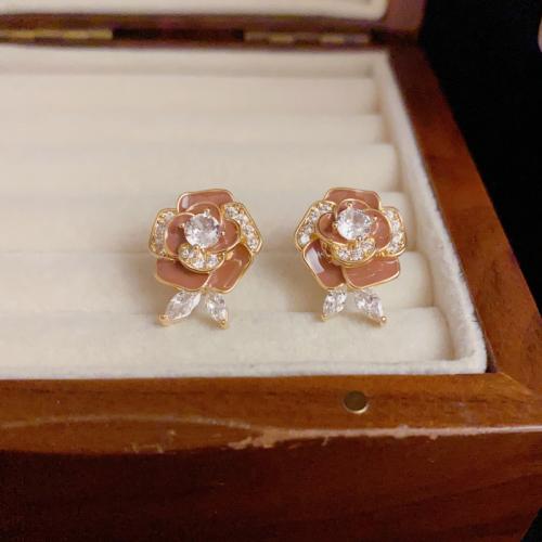 Cubic Zirconia Micro Pave Brass Earring, petals, real gold plated, micro pave cubic zirconia & for woman & enamel 