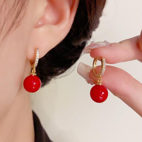 Cubic Zirconia Micro Pave Brass Earring, with Plastic Pearl, real gold plated, micro pave cubic zirconia & for woman, red 