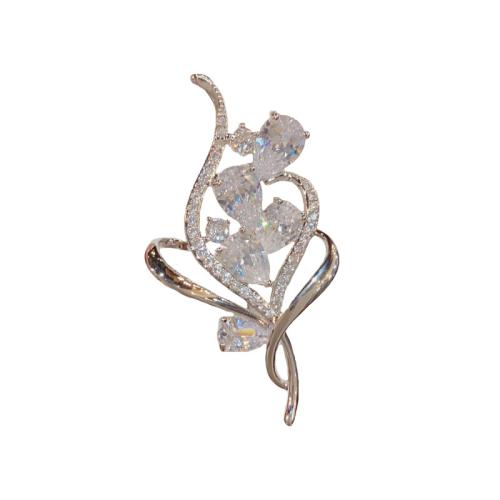 Cubic Zirconia Brooch, Brass, Flower, real gold plated, micro pave cubic zirconia & for woman, silver color 