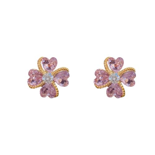 Cubic Zirconia Micro Pave Brass Earring, petals, real gold plated, micro pave cubic zirconia & for woman, purple 