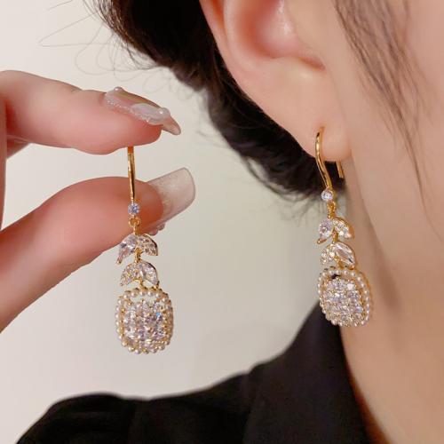 Cubic Zirconia Micro Pave Brass Earring, with Plastic Pearl, real gold plated, micro pave cubic zirconia & for woman, gold 