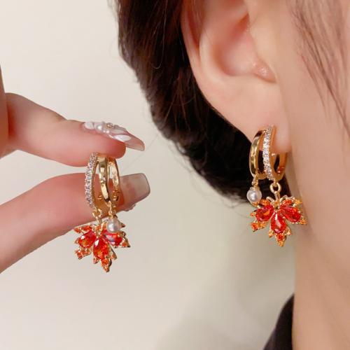 Cubic Zirconia Micro Pave Brass Earring, with Plastic Pearl, Maple Leaf, real gold plated, micro pave cubic zirconia & for woman, red 