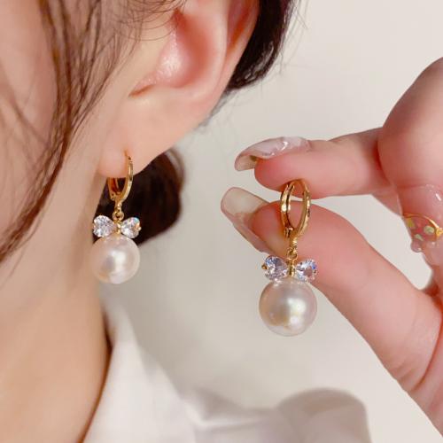 Cubic Zirconia Micro Pave Brass Earring, with Plastic Pearl, real gold plated, micro pave cubic zirconia & for woman, gold 