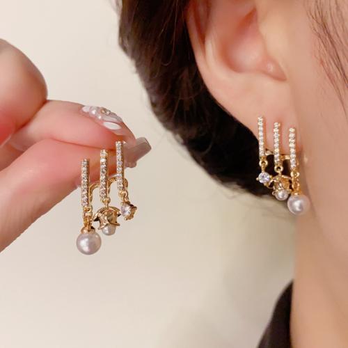 Cubic Zirconia Micro Pave Brass Earring, with Plastic Pearl, real gold plated, micro pave cubic zirconia & for woman, gold 