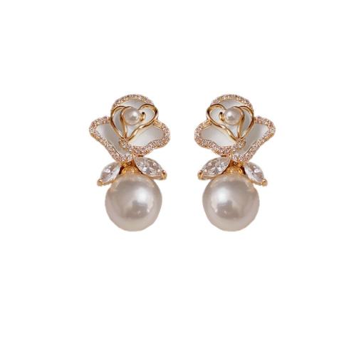 Cubic Zirconia Micro Pave Brass Earring, with Plastic Pearl, petals, real gold plated, stoving varnish & micro pave cubic zirconia & for woman 