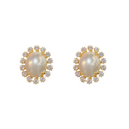 Cubic Zirconia Micro Pave Brass Earring, with Plastic Pearl, real gold plated, micro pave cubic zirconia & for woman, gold 